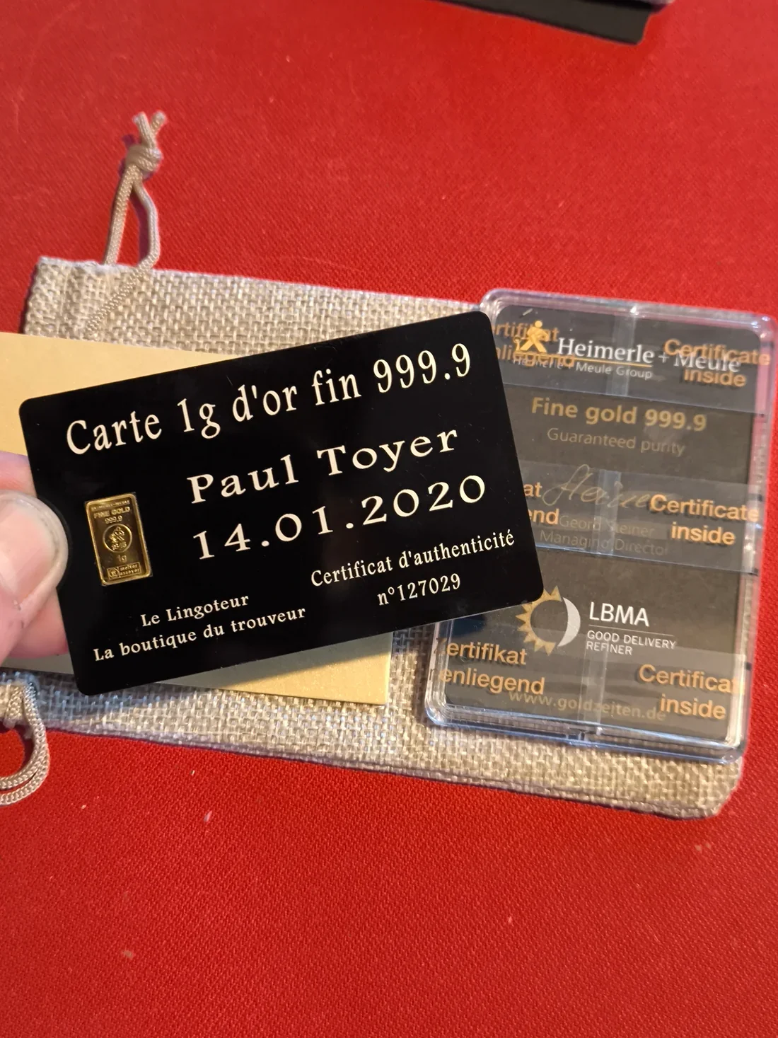 Lingot 1g or fin 999.9 avec carte personnalisée